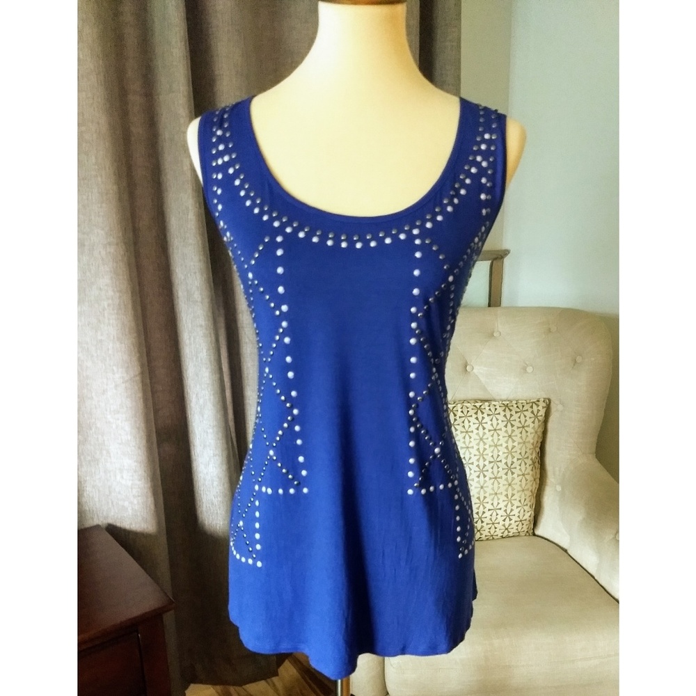 Mesh Back Blue Stud Patterned Tank Blouse - Large
